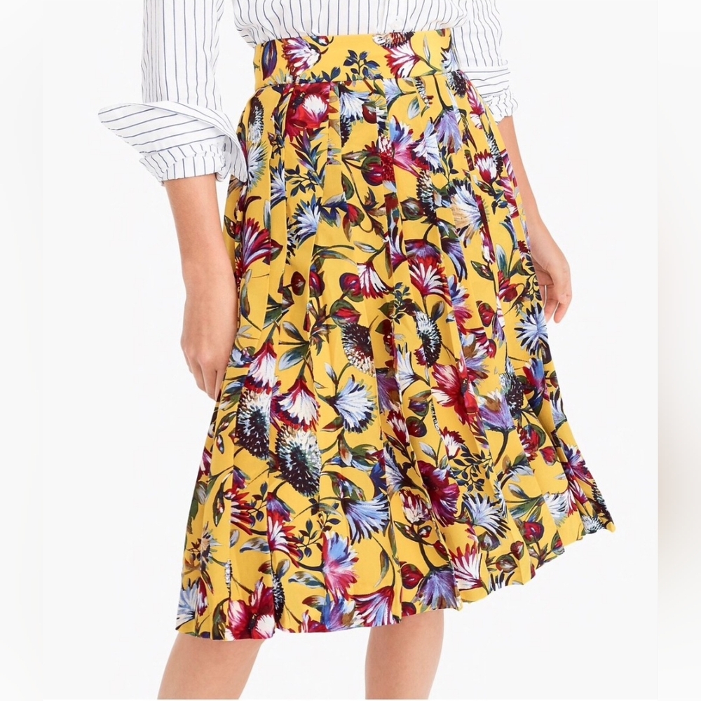 J. Crew Silk Floral Pleated Swing Skirt Size 2 Yellow Midi Length